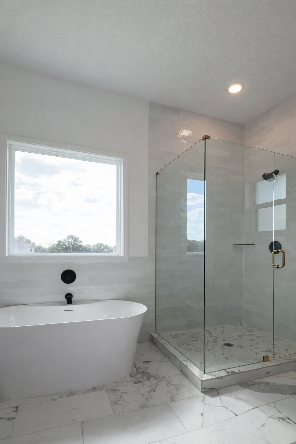 Primary bath with soaking tub and glass shower